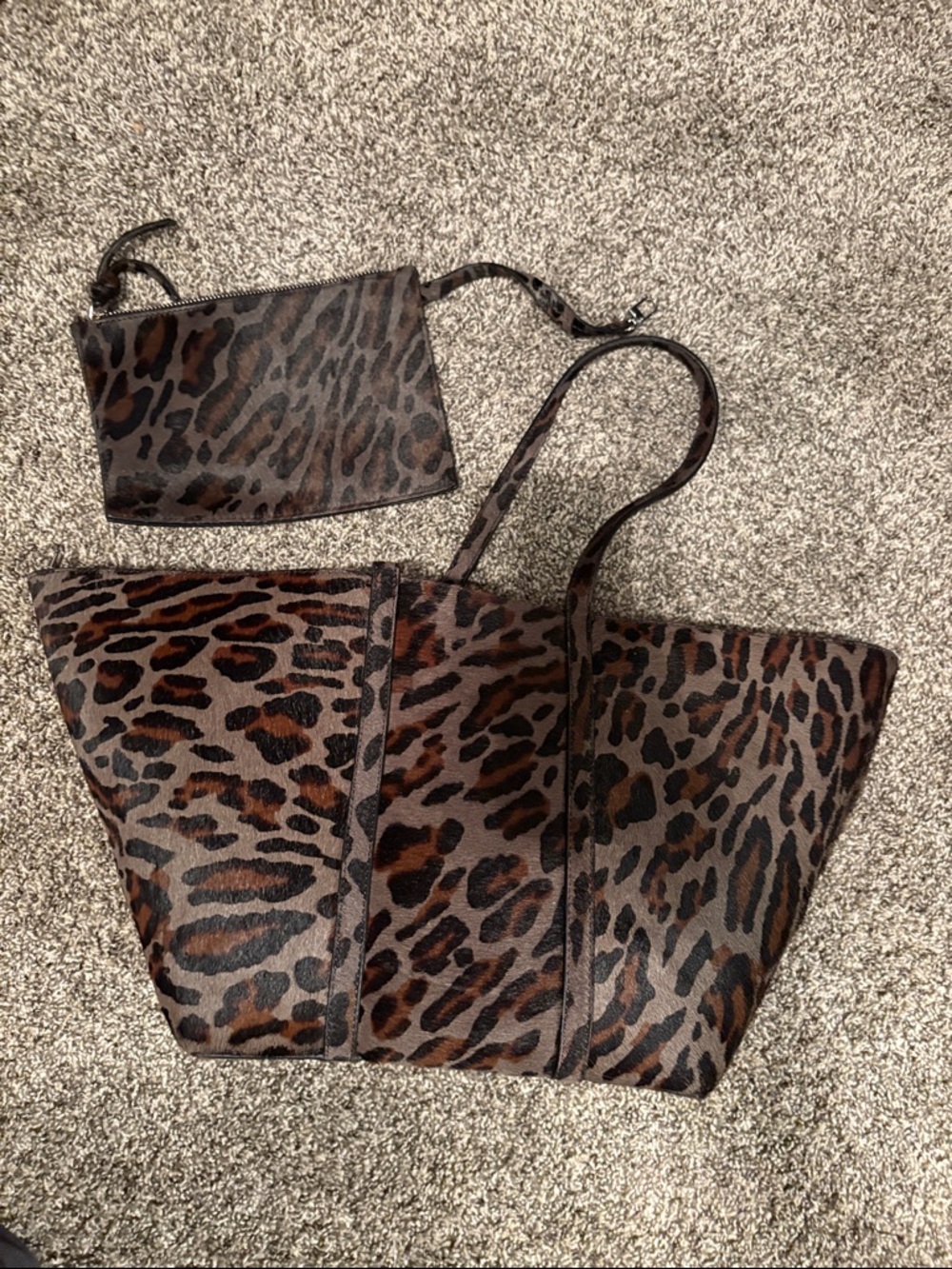 Zara pony hair Leopard Print Tote Bag with Matching Pouch - Brown/Black